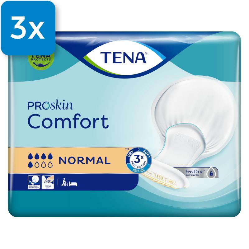 Vorderseite einer Packung Tena Comfort Normal. Oben links ist ein blaues Viereck mit der Aufschrift "3x", welches zeigt, dass drei Packungen in einem Karton enthalten sind.